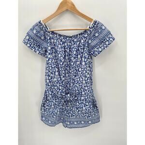 VINEYARD VINES Women's Otomi Print Blue & White Tie Front Cotton Romper // S